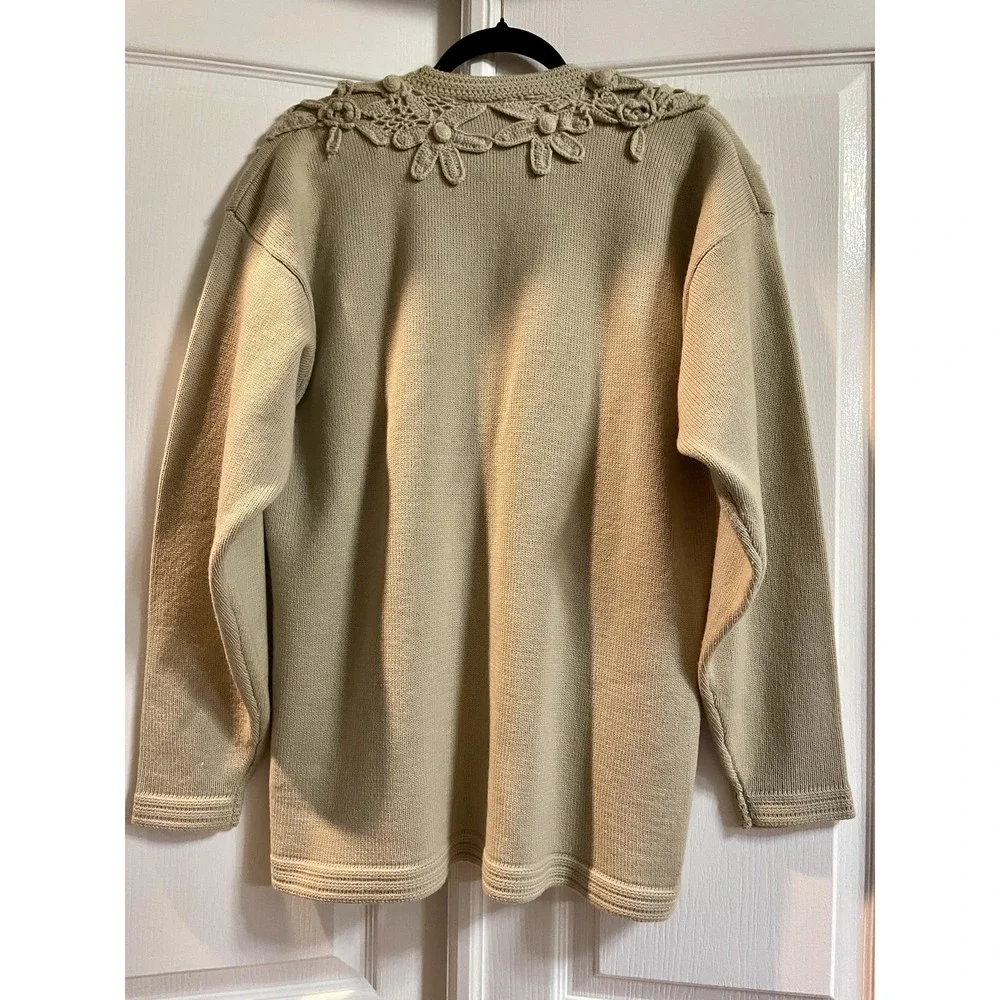 Vintage Rafaella Cardigan‎ Sweater Womens Large Beige Wool Crochet Floral 80s